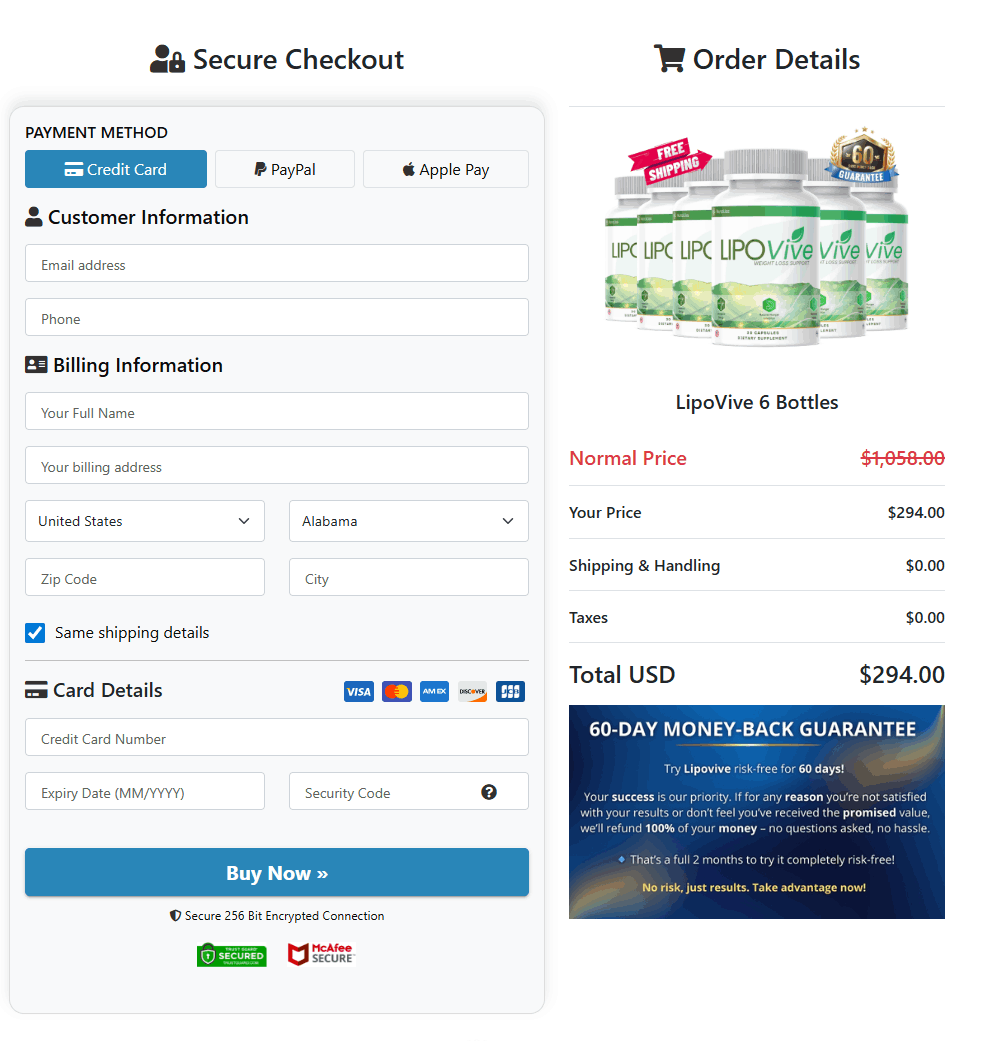 LipoVive Checkout page